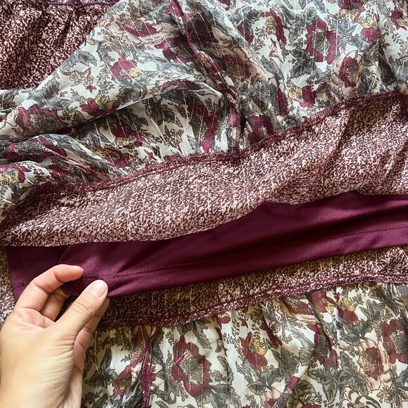 Womens Maxi Dress Burgundy Mixed Pattern Smocked Whimsigoth Ren Faire Whimsical - Picture 5 of 10